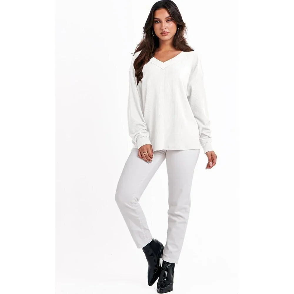 Oversized Women's Long Sleeve Shirt Off Shoulder V Neck Tunic Casual Top